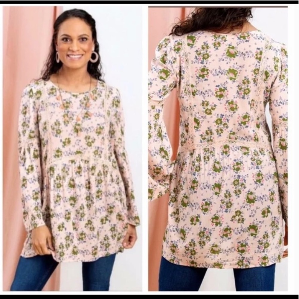 Matilda Jane Like a Lady pink floral lace trimmed tunic size small